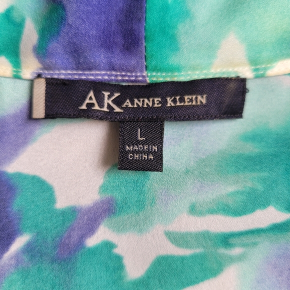 Anne Klein Flowy Fake Wrap Green Blue White Blouse Scooped Waist Women’s Size L - Picture 9 of 12